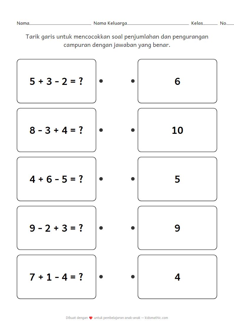 Lembar Kerja Mencocokkan Soal Matematika Campuran untuk Taman Kanak-kanak 3
