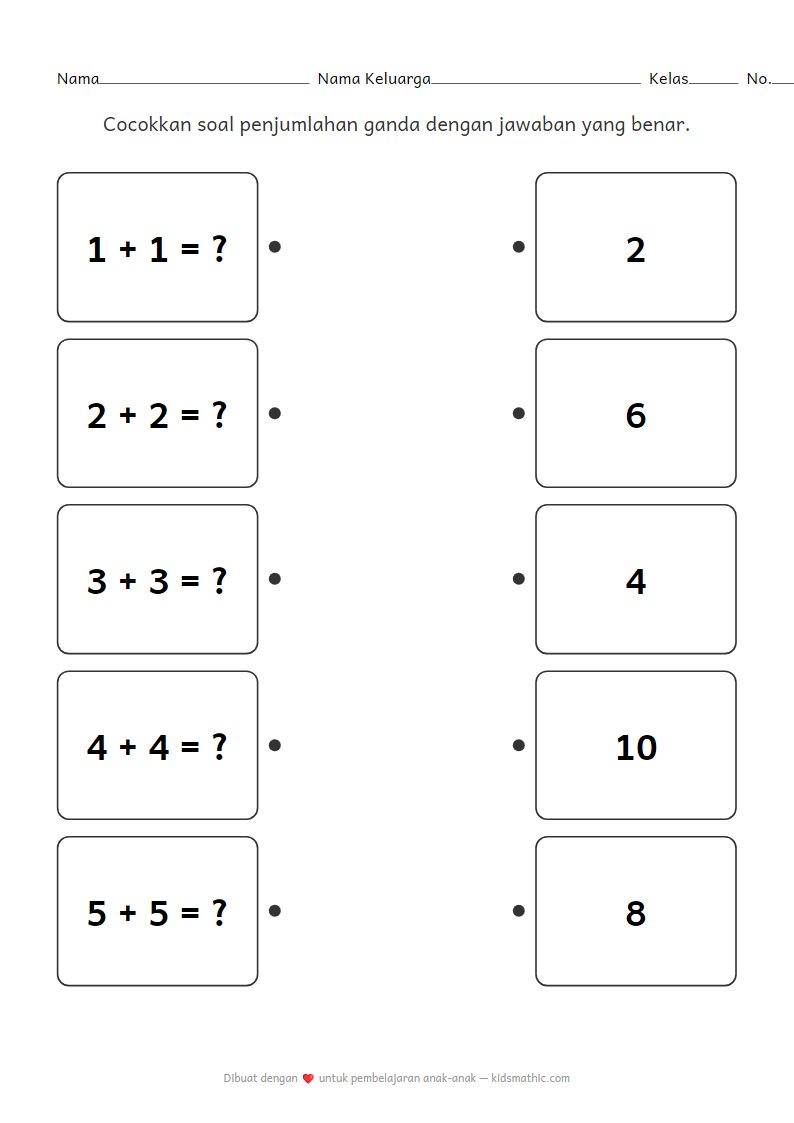 Lembar Kerja Mencocokkan Penjumlahan Ganda untuk TK