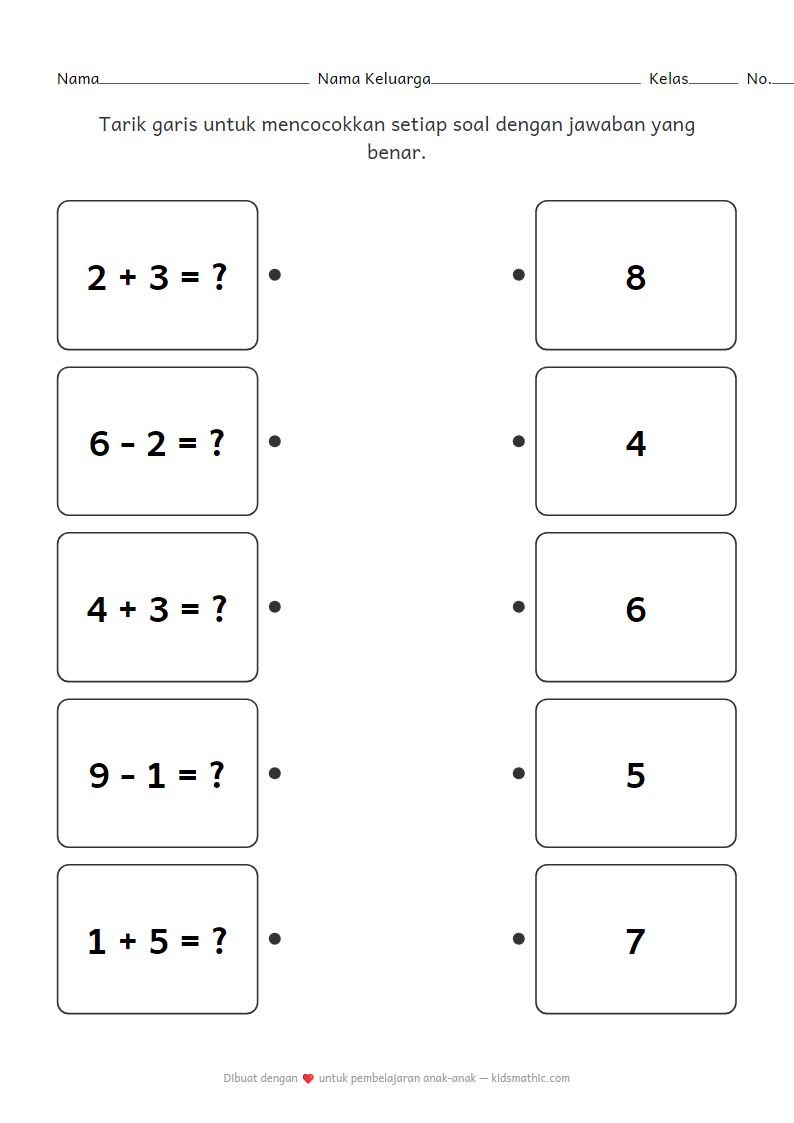 Lembar Kerja Matematika Mencocokkan Penjumlahan Pengurangan Sederhana untuk TK