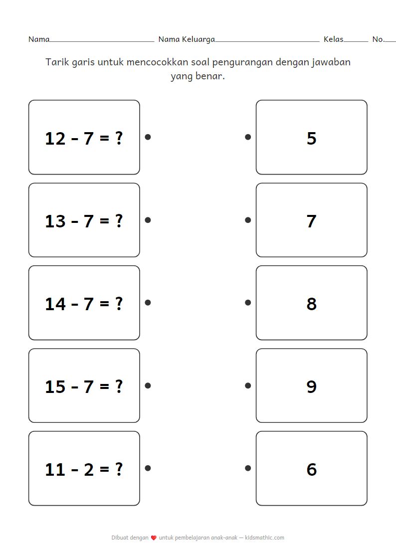 Lembar Kerja Mencocokkan Pengurangan Dua Digit untuk TK B