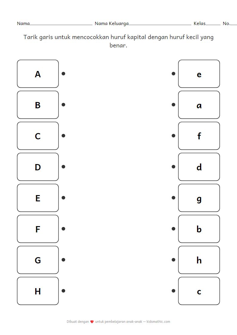 Lembar Kerja Mencocokkan Huruf Kapital dan Huruf Kecil untuk Anak Prasekolah