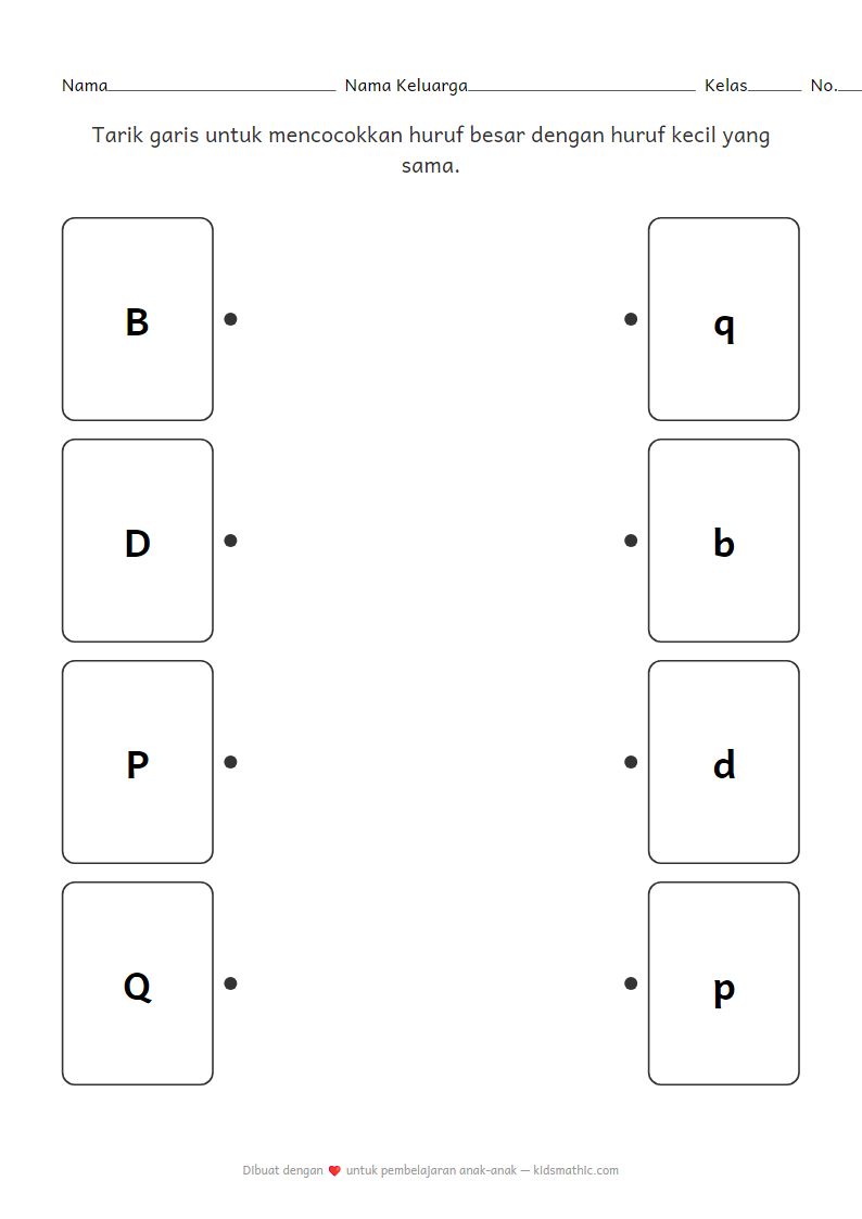 Lembar Kerja Mencocokkan Huruf Besar dan Huruf Kecil B D P Q untuk Anak Prasekolah
