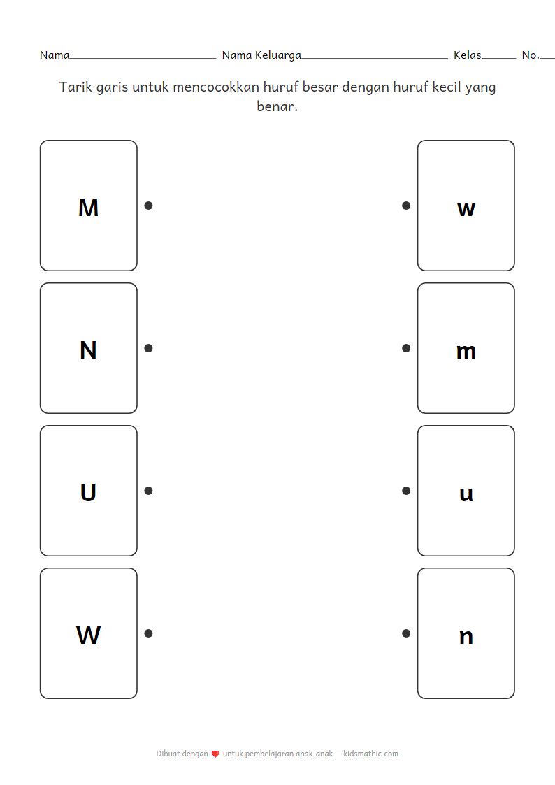 Lembar Kerja Mencocokkan Huruf Besar dan Kecil (M, N, U, W) untuk TK