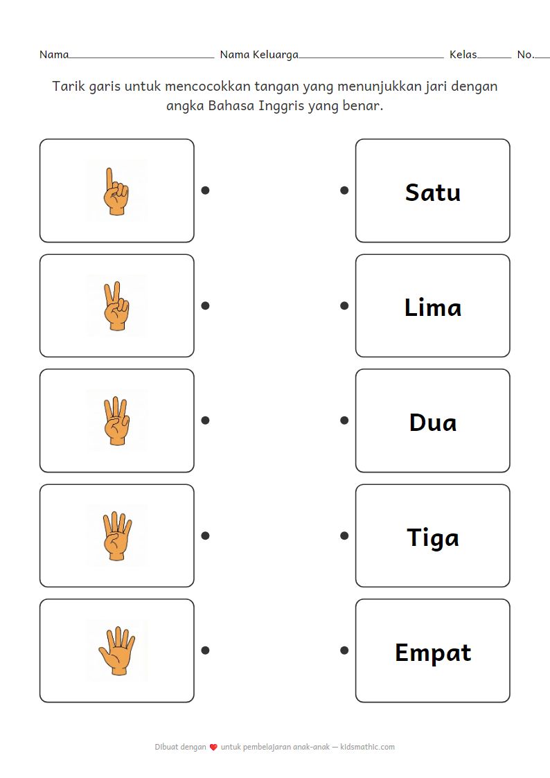 Lembar Kerja TK: Mencocokkan Jari dengan Angka Bahasa Inggris 1-5
