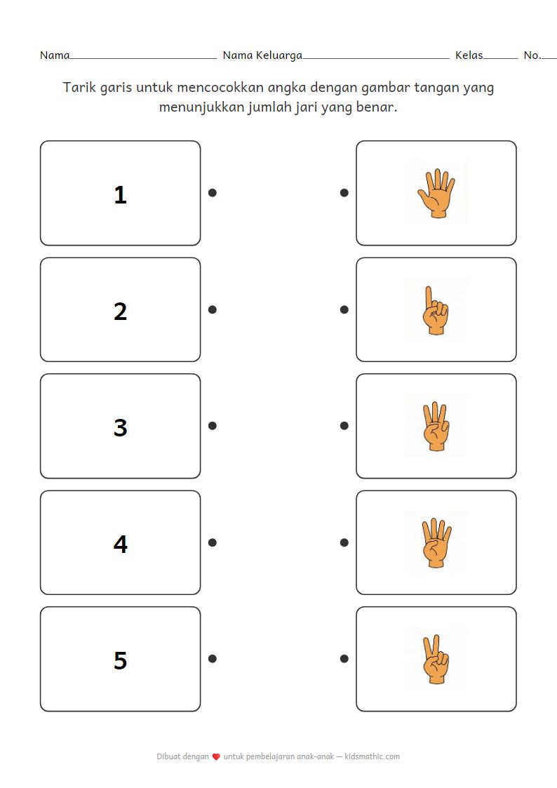 Lembar Kerja Matematika: Mencocokkan Angka 1-5 dengan Hitungan Jari untuk TK