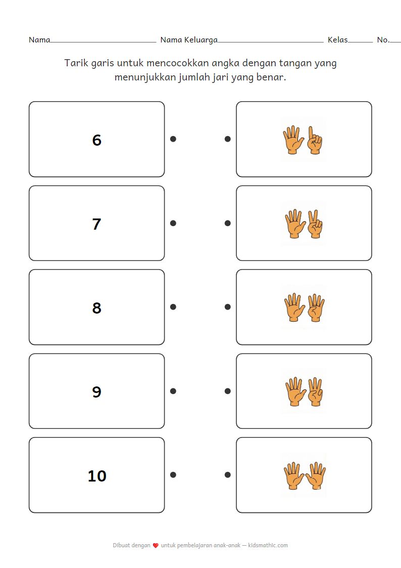 Lembar Kerja Mencocokkan Angka dengan Jari untuk Prasekolah (6-10)