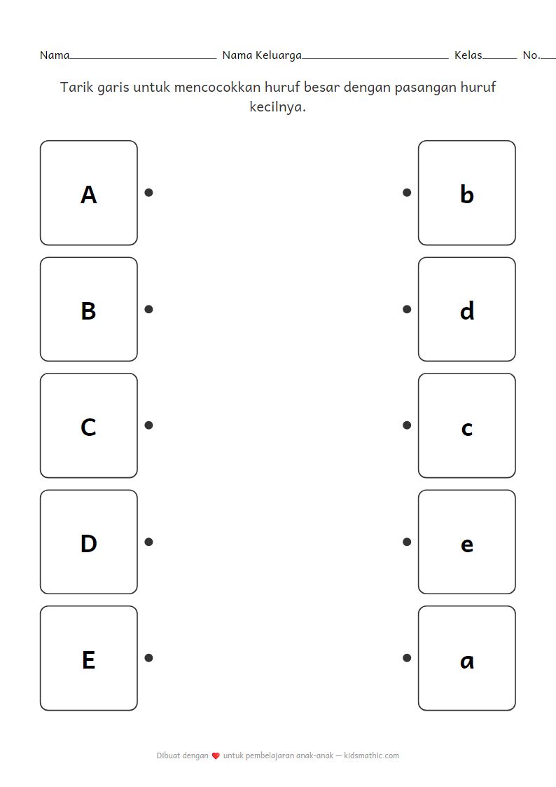 Lembar Kerja Mencocokkan Huruf Kapital dan Kecil untuk Anak Prasekolah