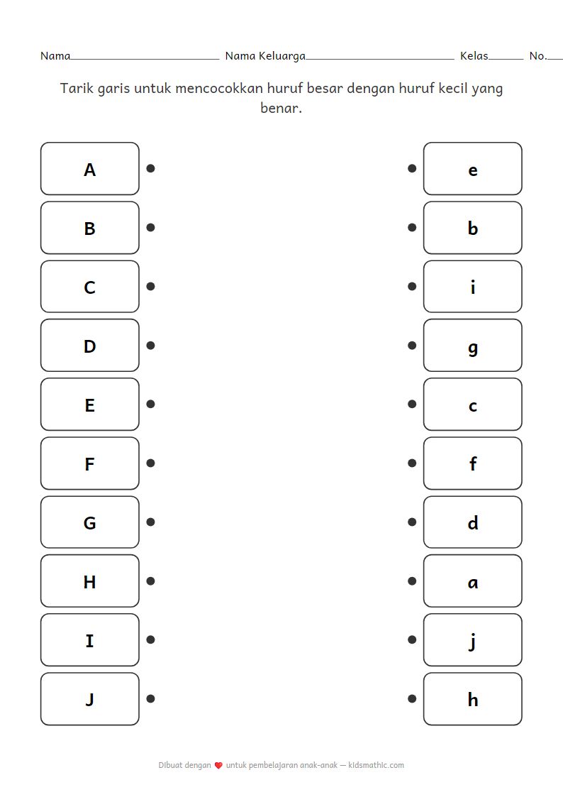 Lembar Kerja Mencocokkan Huruf Besar dan Kecil untuk TK