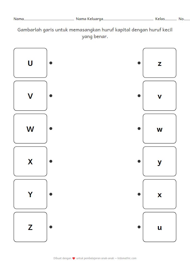 Lembar Kerja Mencocokkan Huruf Kapital dan Kecil U-Z untuk Anak TK
