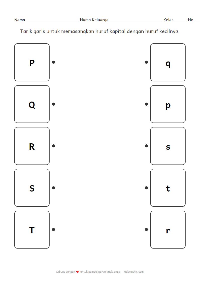 Lembar Kerja Pasangkan Huruf Kapital dan Huruf Kecil P-T untuk Anak TK
