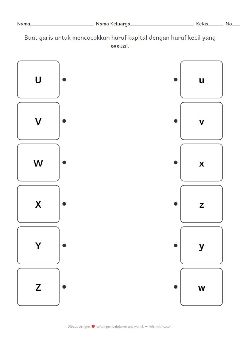 Lembar Kerja Mencocokkan Huruf Kapital ke Huruf Kecil U-Z untuk Anak Prasekolah