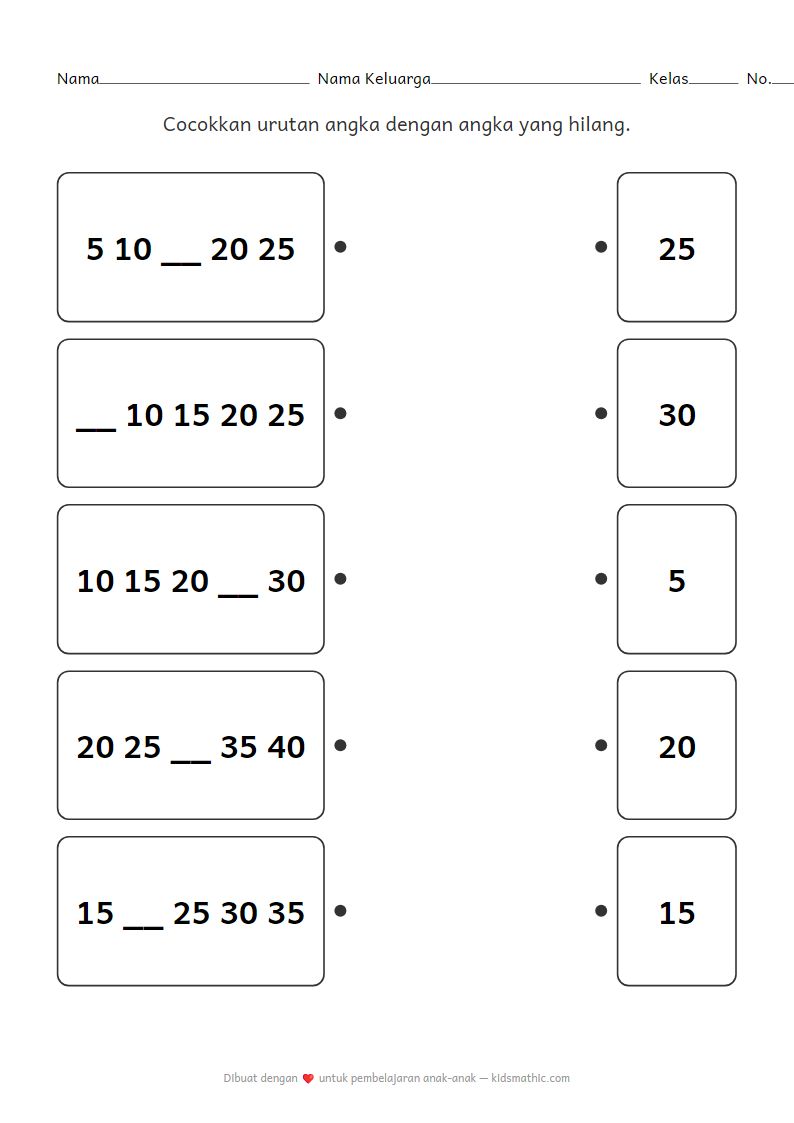 Lembar Kerja Mencocokkan Menghitung Kelipatan 5 untuk Anak Prasekolah