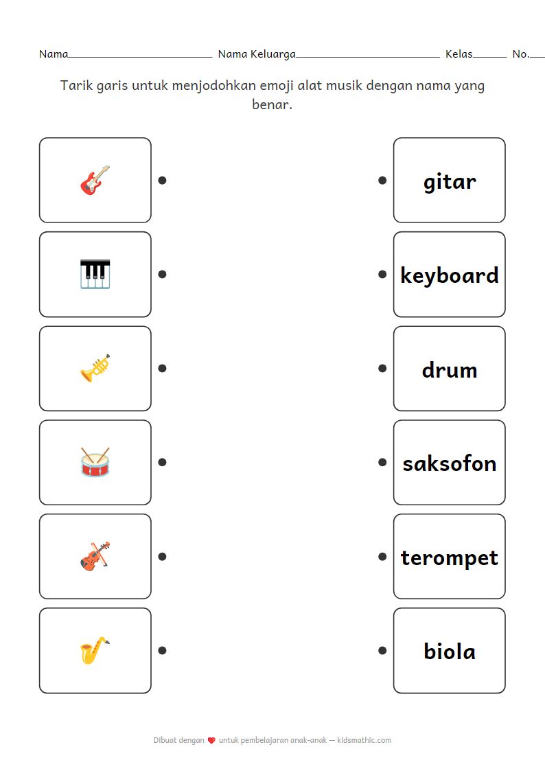 Lembar Kerja Menjodohkan Emoji dan Nama Alat Musik untuk Anak Prasekolah