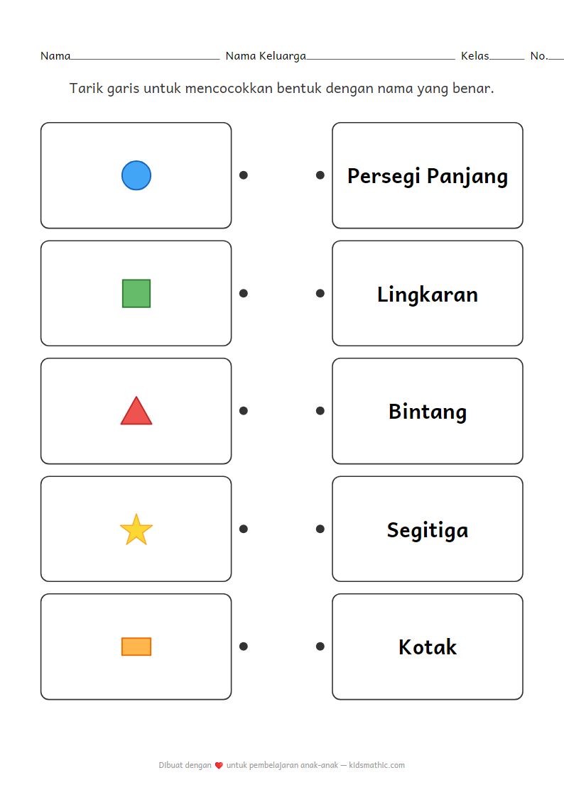 Lembar Kerja Mencocokkan Bentuk dan Nama untuk Anak Prasekolah