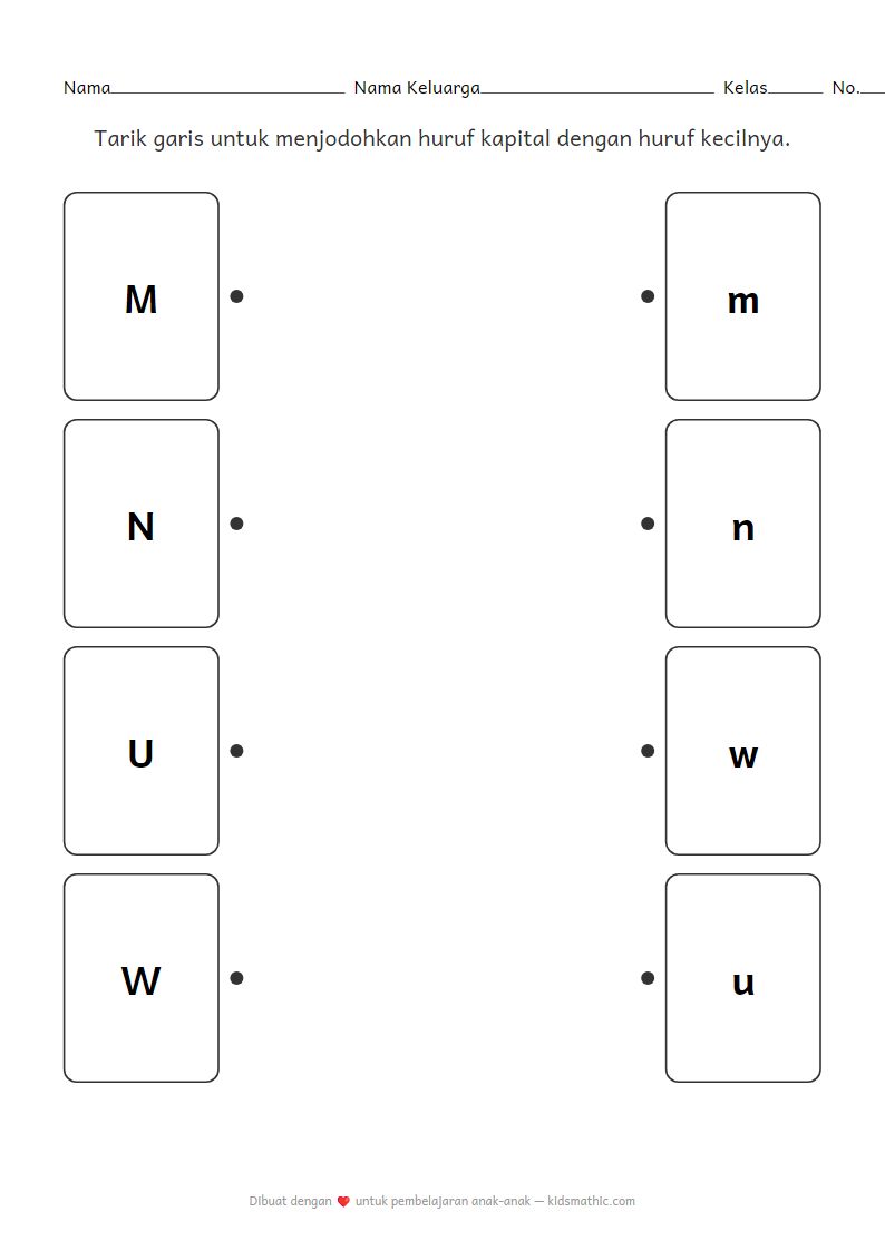 Lembar Kerja Menjodohkan Huruf Kapital ke Huruf Kecil (M N U W) untuk Anak Prasekolah