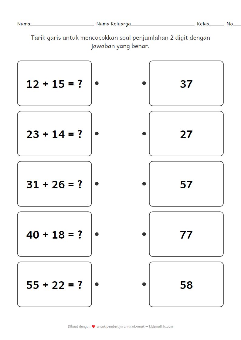 Lembar Kerja Mencocokkan Penjumlahan 2 Digit untuk Kelas 2 (Tanpa Meminjam)