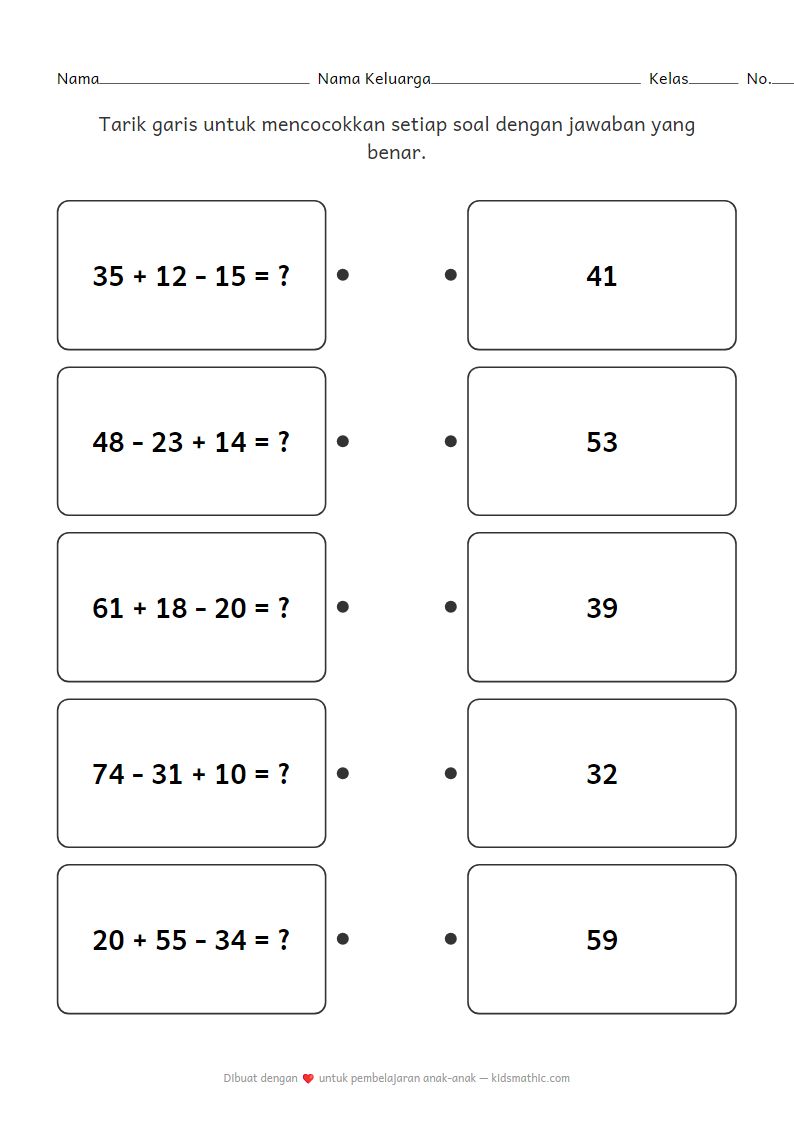 Lembar Kerja Mencocokkan Penjumlahan dan Pengurangan 2 Digit Campuran untuk Kelas 2