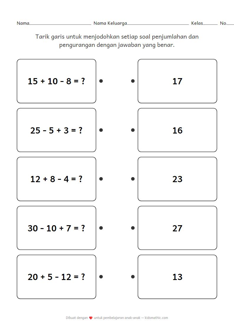 Lembar Kerja Menjodohkan Penjumlahan Pengurangan Campuran untuk Kelas 1