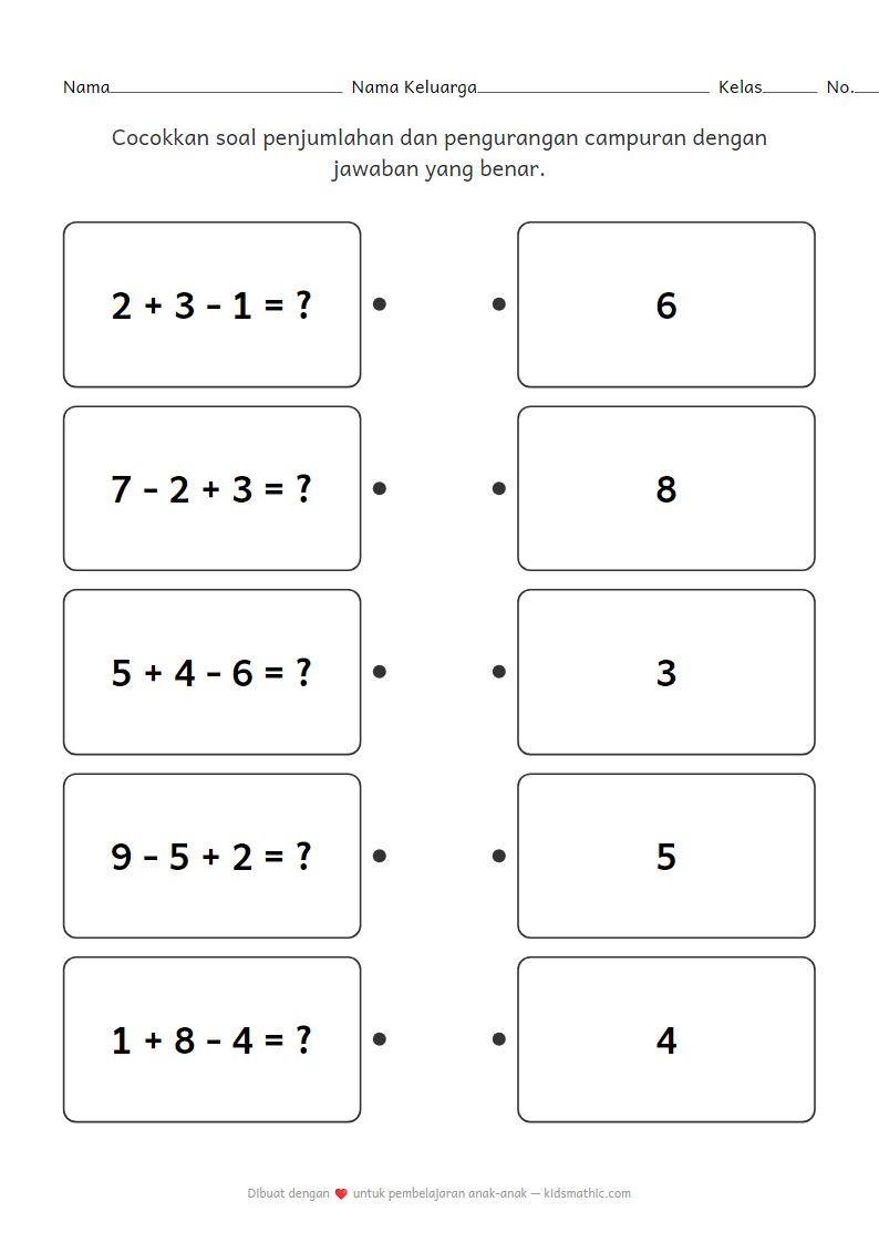 Lembar Kerja Mencocokkan Penjumlahan Pengurangan Campuran TK