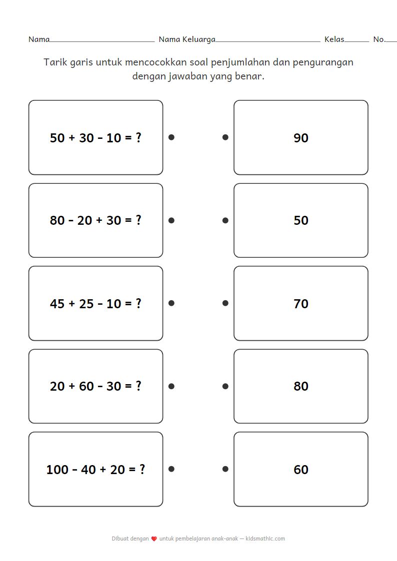 Lembar Kerja Matematika: Mencocokkan Soal Penjumlahan dan Pengurangan Campuran hingga 100 untuk Kelas 2