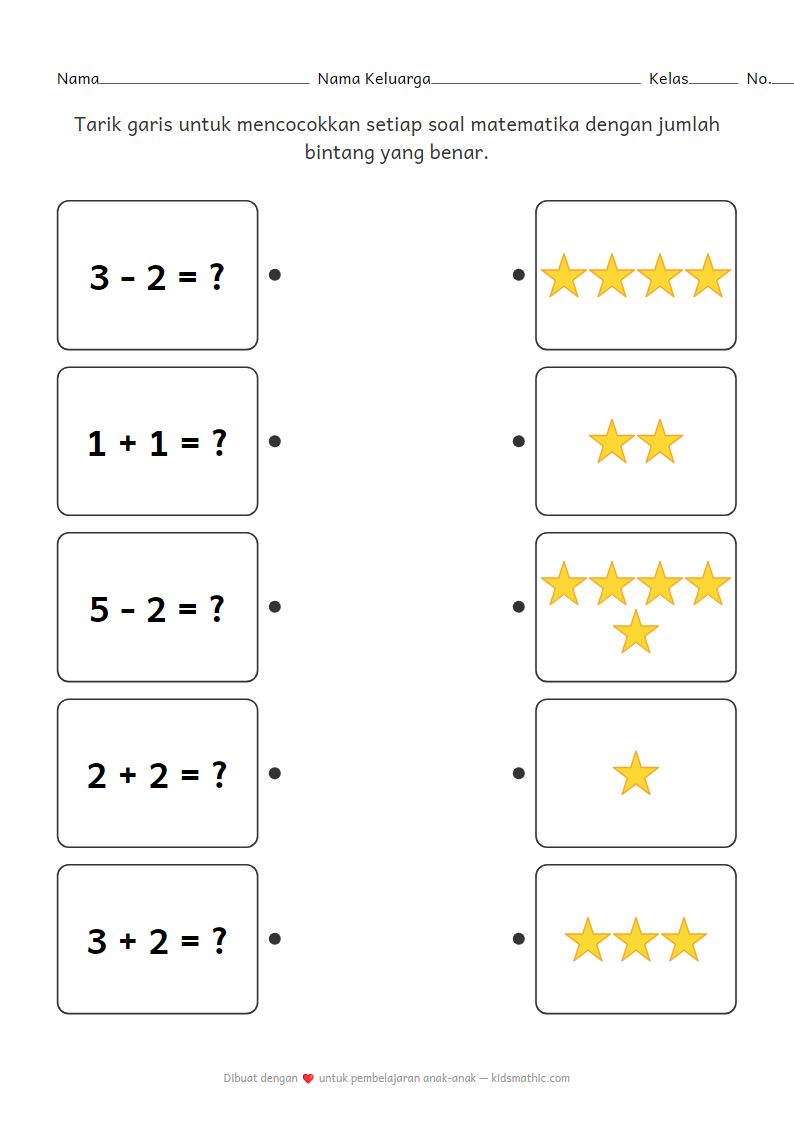 Lembar Kerja Matematika TK: Mencocokkan Operasi Campuran dengan Bintang