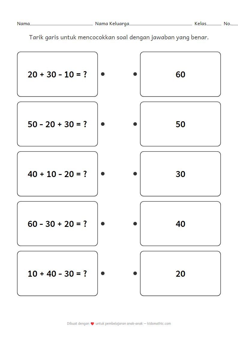 Lembar Kerja Mencocokkan Penjumlahan dan Pengurangan Puluhan untuk Siswa Kelas 1