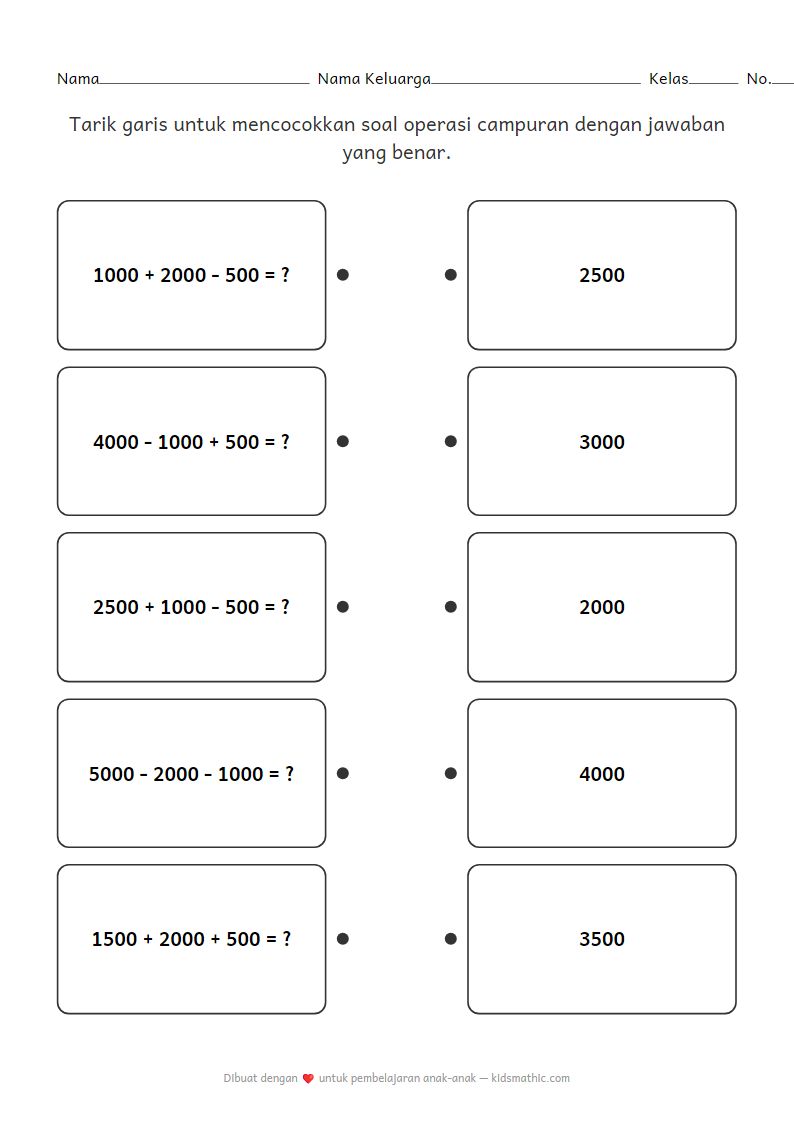 Lembar Kerja Mencocokkan Operasi Campuran Ribuan untuk Anak Prasekolah