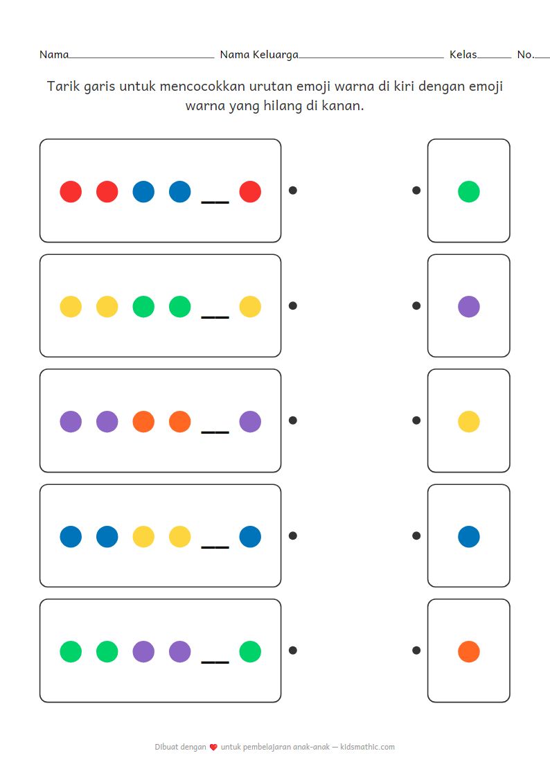 Lembar Kerja Mencocokkan Pola Emoji Warna Hilang TK