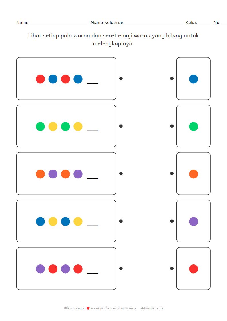 Lembar Kerja Mencocokkan Pola Warna Hilang untuk Anak Prasekolah