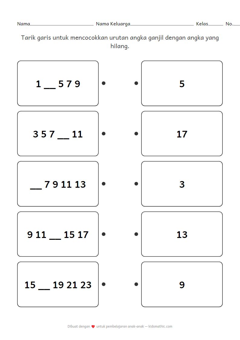 Lembar Kerja Mencocokkan Urutan Angka Ganjil yang Hilang untuk TK