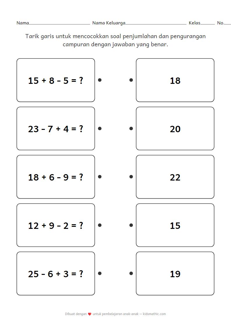 Lembar Kerja Mencocokkan: Penjumlahan & Pengurangan Campuran 2 Digit untuk Anak P1
