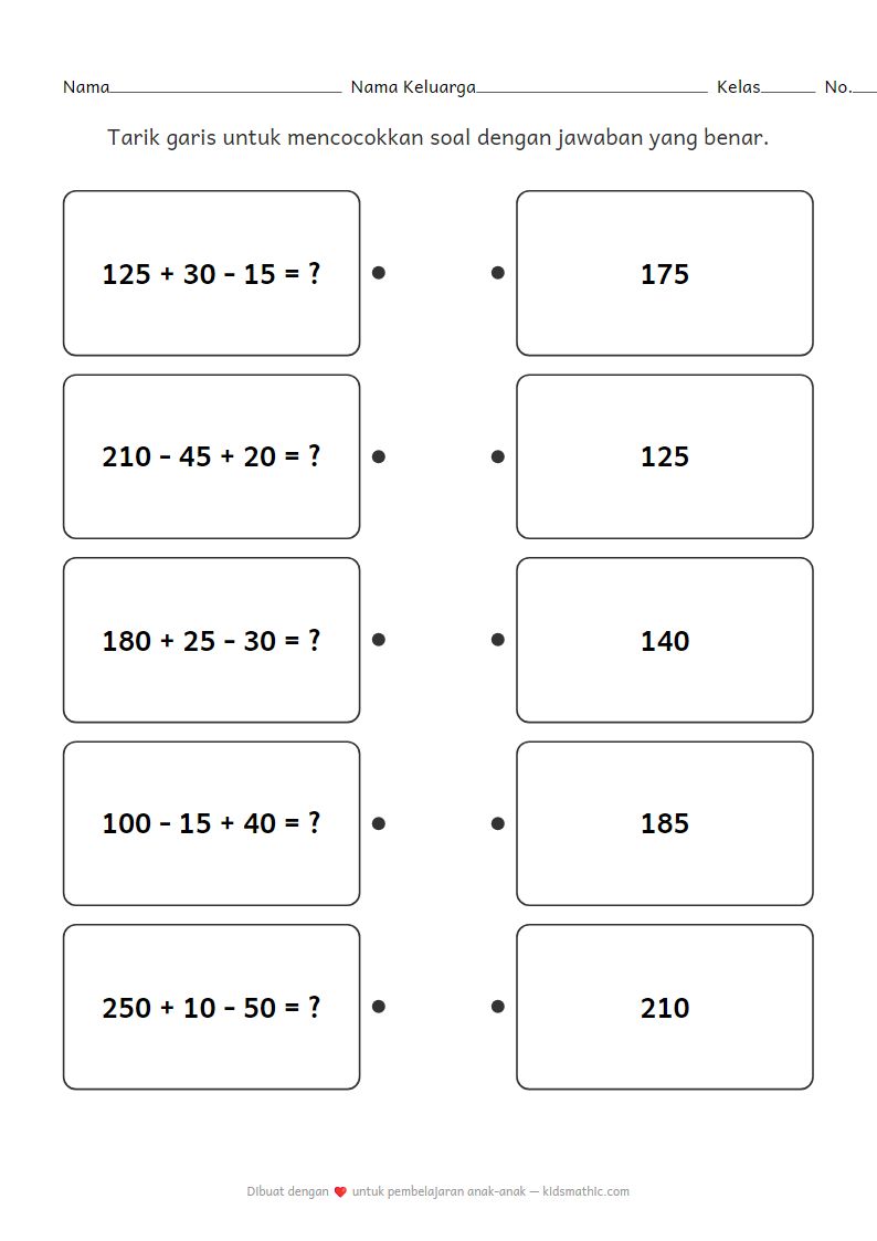 Lembar Kerja Mencocokkan Soal Matematika Campuran 3 Angka Tingkat Lanjut