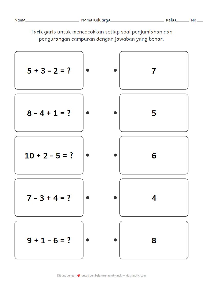 Lembar Kerja Matematika TK: Mencocokkan Penjumlahan Pengurangan Campuran Sederhana