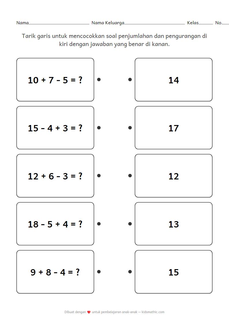 Lembar Kerja Mencocokkan: Penjumlahan Pengurangan Campuran untuk Kelas 1