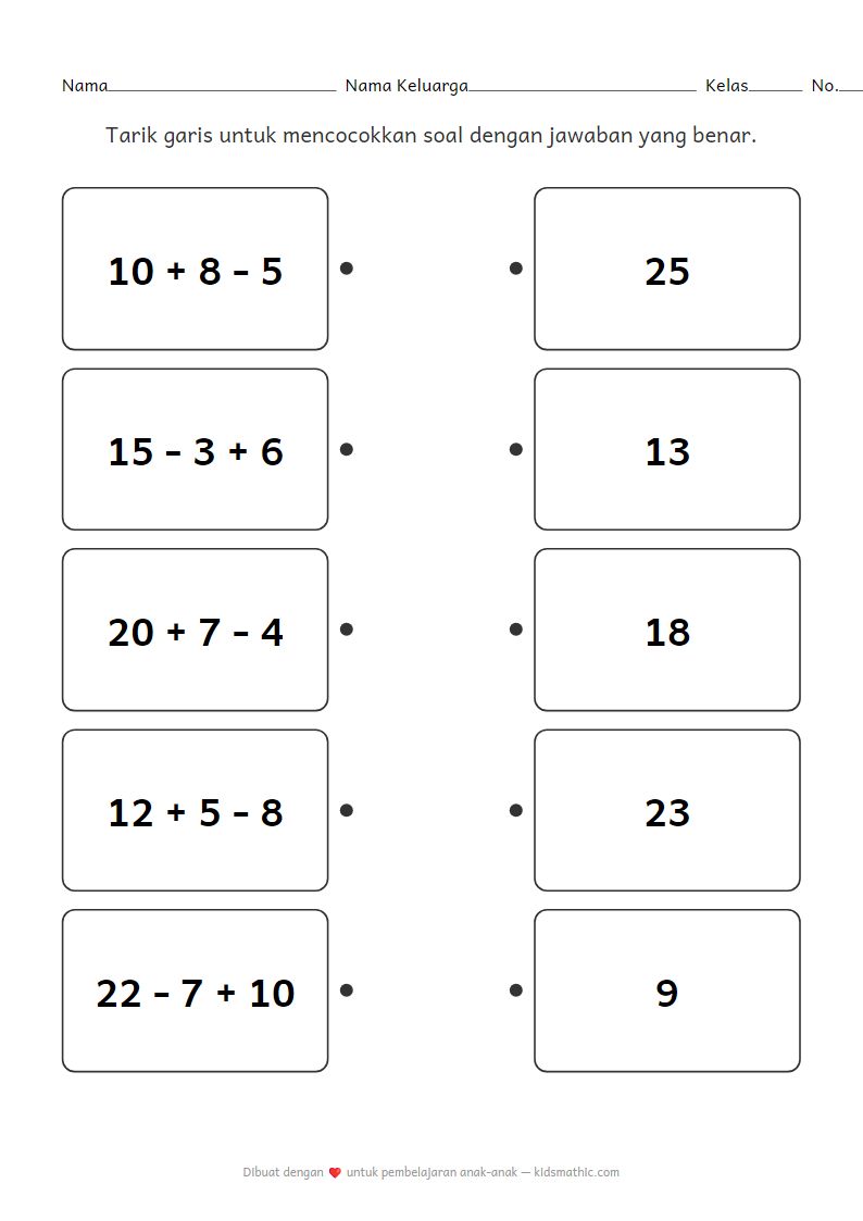 Lembar Kerja Mencocokkan Penjumlahan dan Pengurangan Campuran untuk Kelas 1