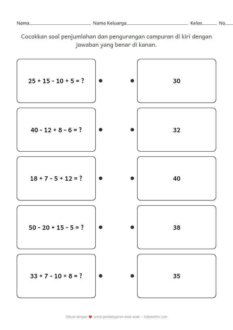 Lembar Kerja Mencocokkan Soal Penjumlahan dan Pengurangan Campuran 4 Angka untuk Kelas 2