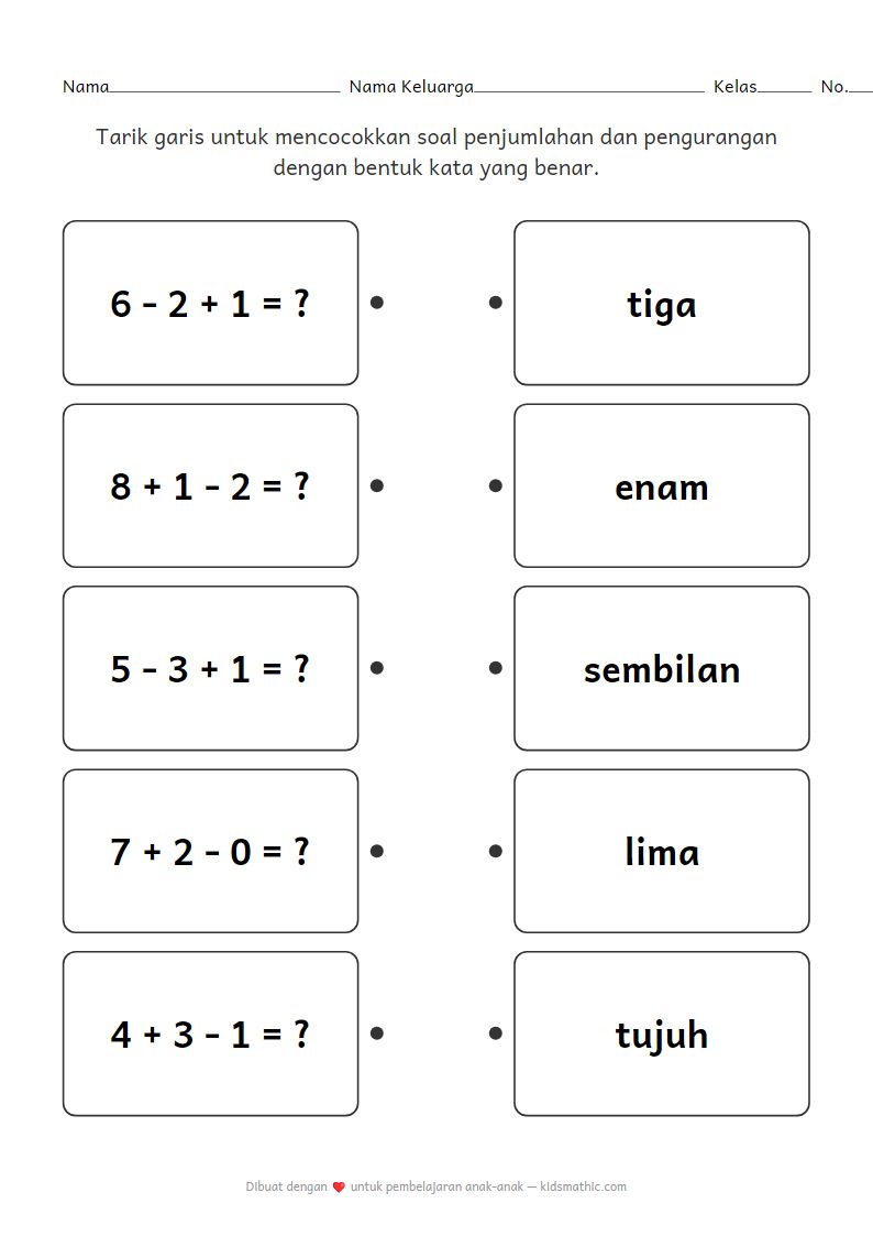 Lembar Kerja Mencocokkan Soal Matematika Campuran (0-10) dengan Kata Angka untuk TK