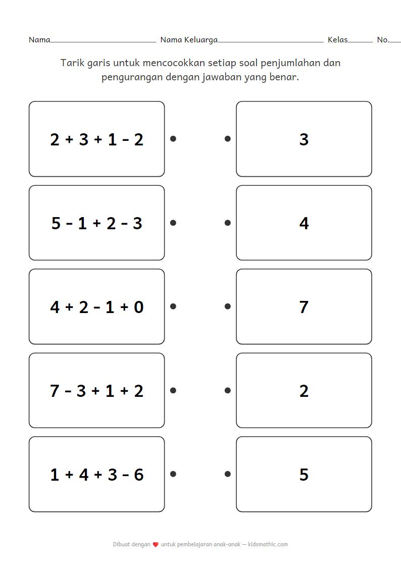 Lembar Kerja Mencocokkan Penjumlahan dan Pengurangan Campuran untuk TK