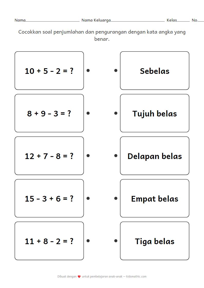 Lembar Kerja Mencocokkan Soal Penjumlahan dan Pengurangan dengan Kata untuk Kelas 1