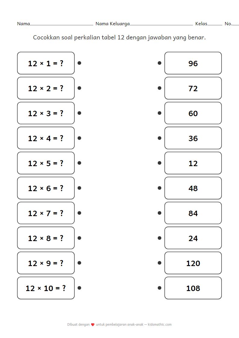 Lembar Kerja Mencocokkan Perkalian 12 untuk Anak TK