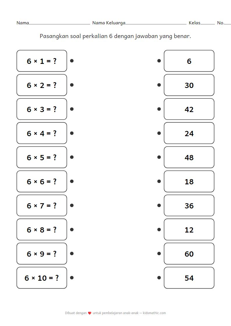 Lembar Kerja Mencocokkan Tabel Perkalian 6 untuk Anak TK