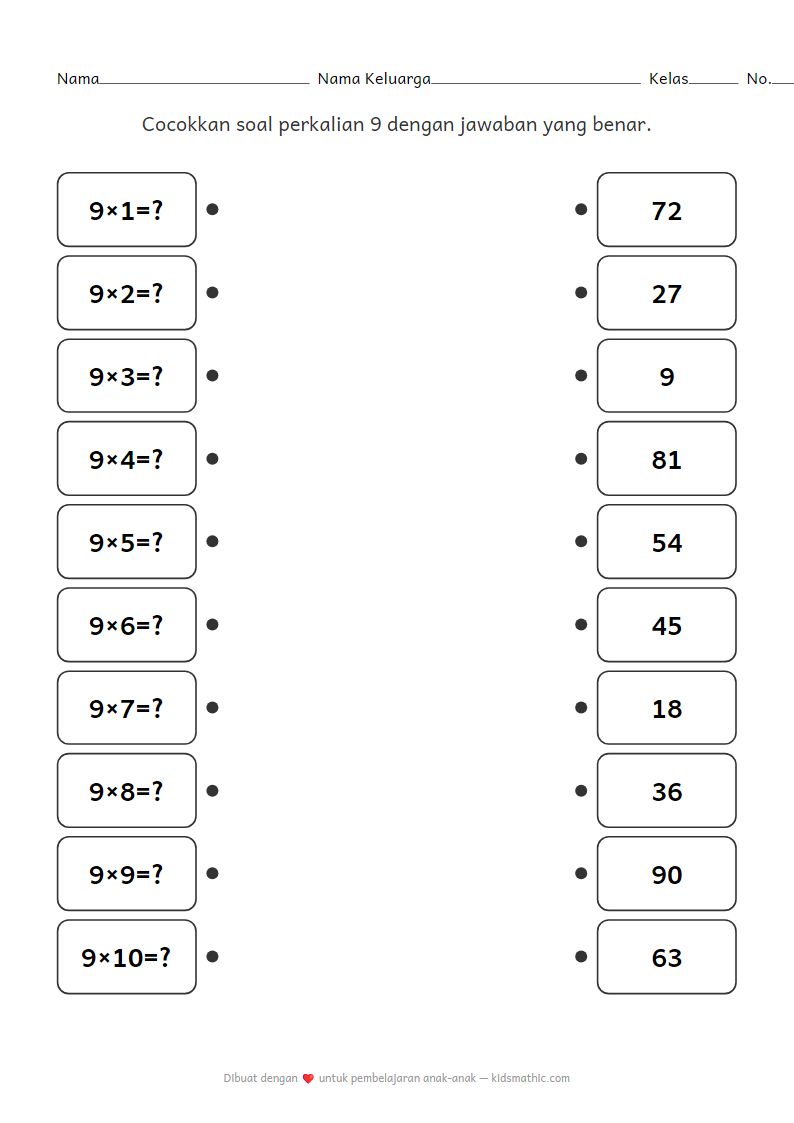 Lembar Kerja Mencocokkan Perkalian Tabel 9 untuk Anak TK