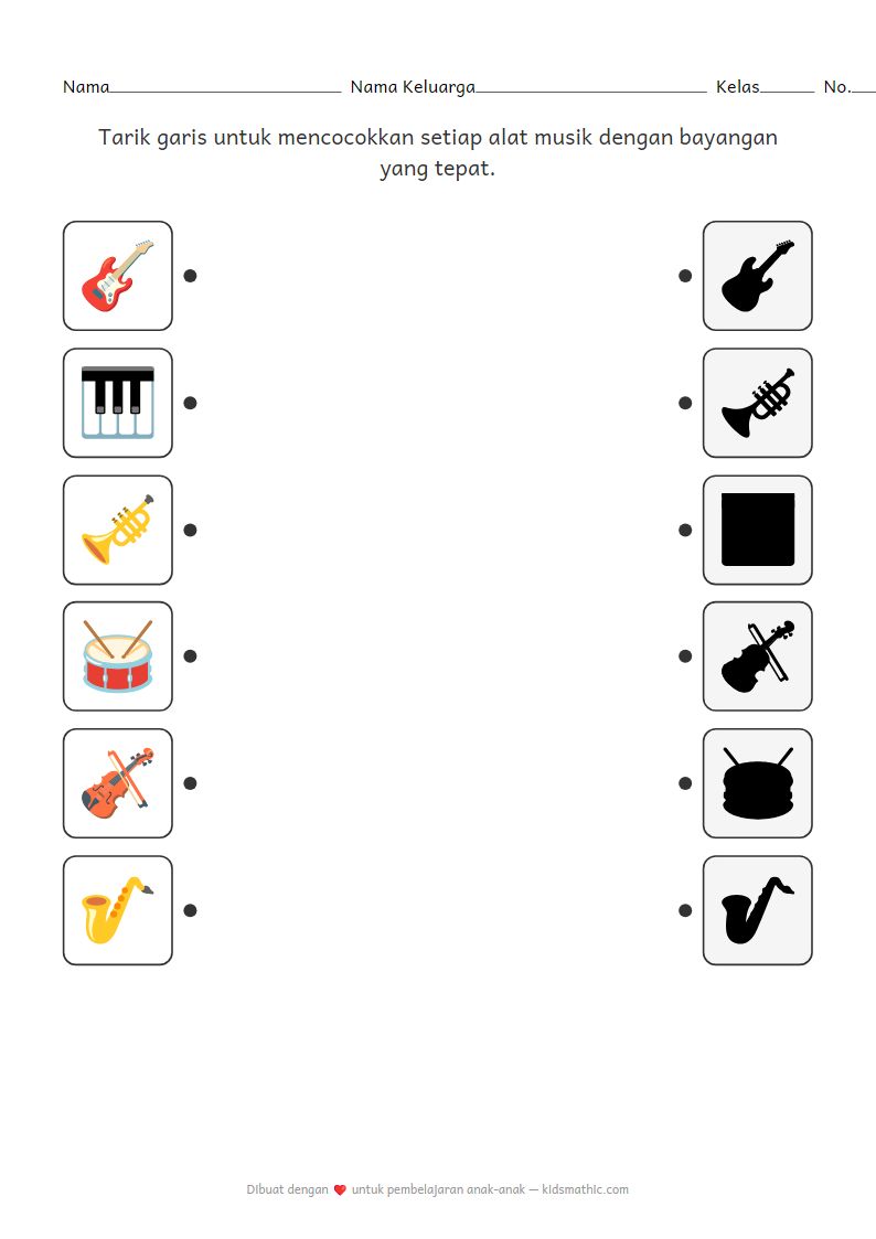 Lembar Kerja Mencocokkan Bayangan Alat Musik | Diskriminasi Visual untuk Anak Prasekolah