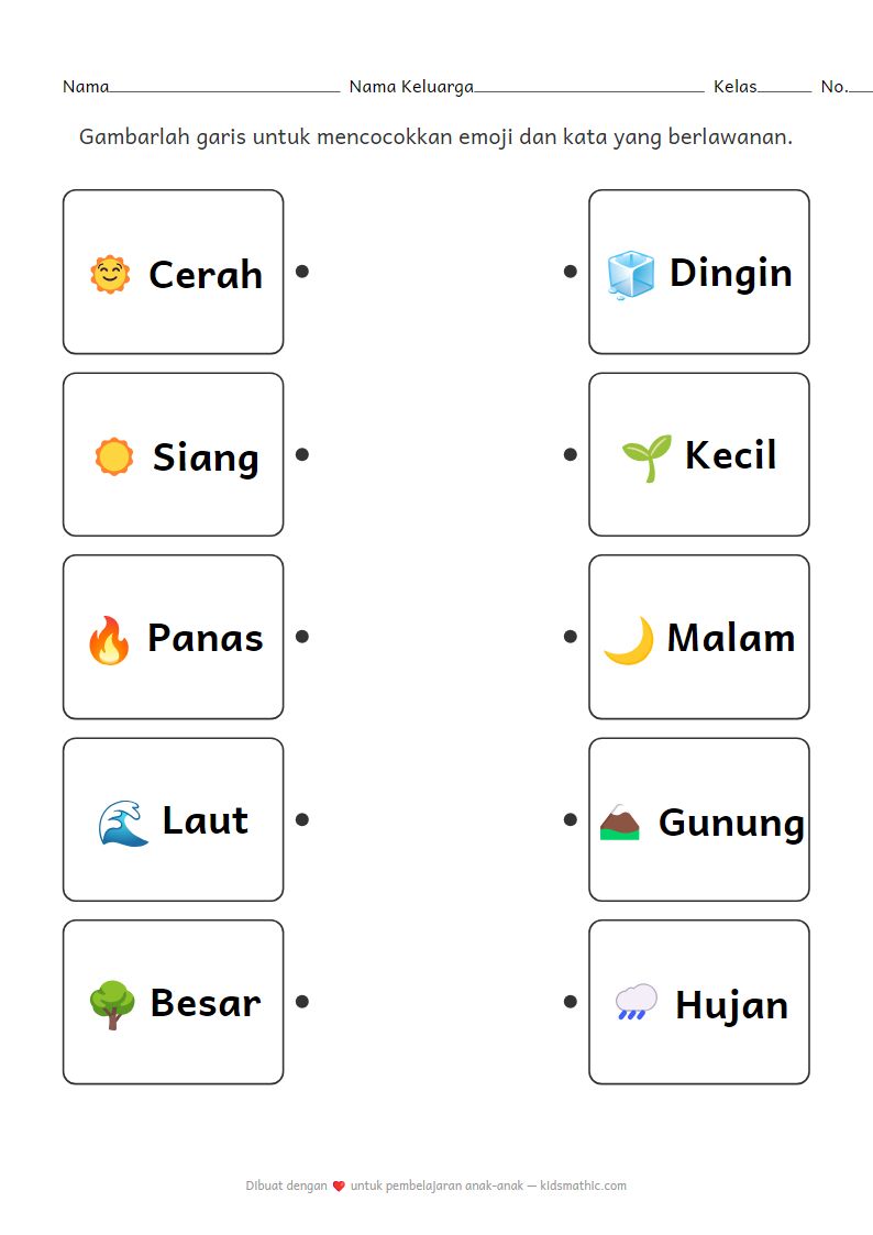 Lembar Kerja Mencocokkan Kata Berlawanan Alam untuk Anak Prasekolah