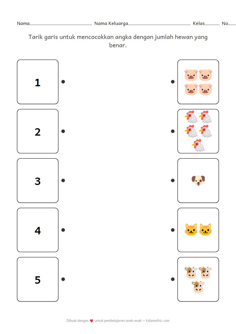 Lembar Kerja Mencocokkan Angka dengan Jumlah Hewan untuk TK