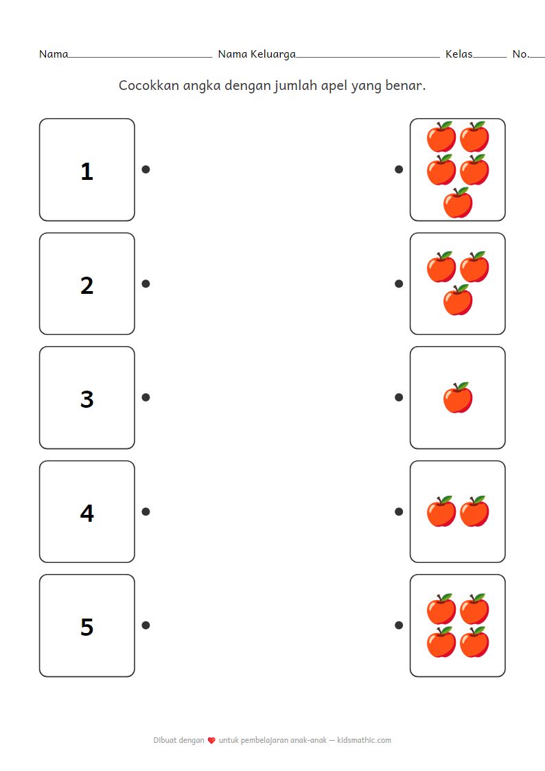 Lembar Kerja Mencocokkan Angka dengan Jumlah Apel untuk Anak Prasekolah