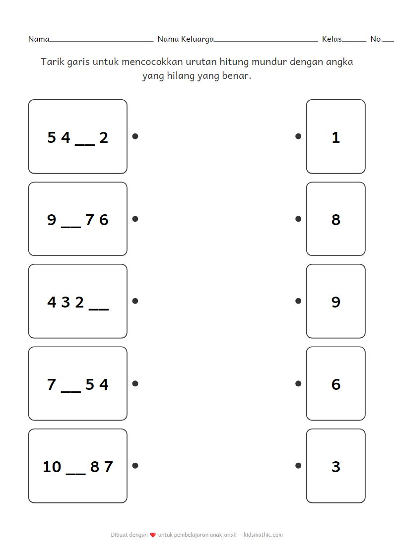 Lembar Kerja Mencocokkan Urutan Angka Mundur untuk Anak Prasekolah