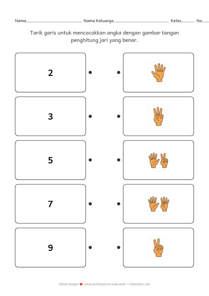 Lembar Kerja Mencocokkan Angka dengan Jari Tangan untuk Anak Prasekolah
