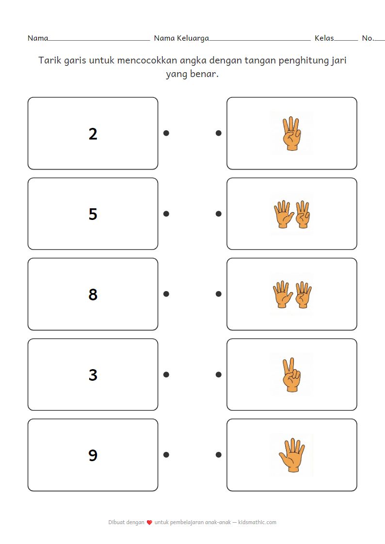 Lembar Kerja Mencocokkan Angka dan Hitungan Jari untuk Anak Prasekolah
