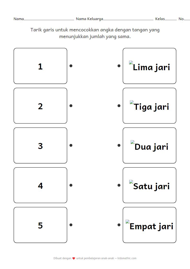 Lembar Kerja Mencocokkan Angka 1-5 dengan Tangan untuk Anak TK